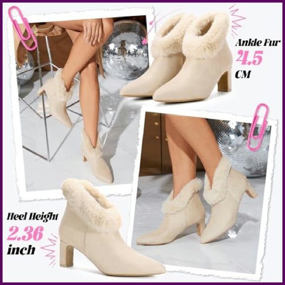 Faux Suede Ankle Boots Chunky Heel Pointed Toe Zipper Dress Booties - Picture 5 of 8